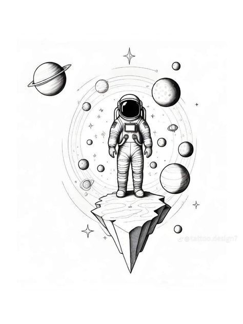 Cool Space Drawings Easy, Astronaut On Moon Tattoo, Astronaut And Scuba Diver Tattoo, Space Ink Drawing, Space Themed Sleeve Tattoo, Imani Tattoos, Space Helmet Tattoo, Space Man Drawing, Astronaut Outline