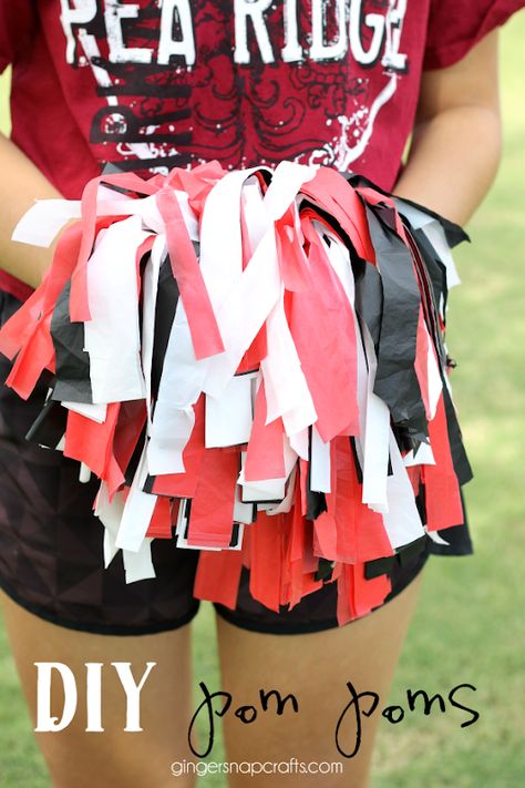 DIY Pom Poms at GingerSnapCrafts.com #pompoms #schoolspirit Sport Crafts For Kids, Cheer Bow Tutorial, Cheerleading Costume, Sport Crafts, Cheer Bows Diy, Make Pom Poms, Pom Pom Tutorial, Cheer Pom Poms, Galaxy Slime