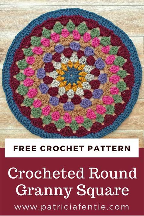 Circle Granny Square Blanket Free Pattern, Crochet Granny Square Round Free Pattern, Granny Stitch Circle, Crochet Granny Stitch In The Round, Circular Granny Square Blanket, Crochet Round Mandala Free Pattern, Crochet Round Granny Square Pattern, Round Granny Square Crochet Patterns Free, Crochet Round Cushion Cover Free Pattern