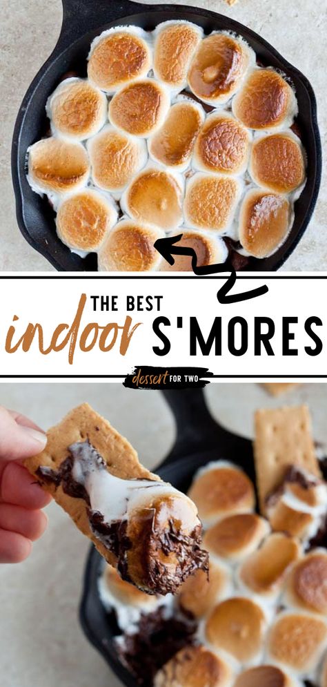 Indoor S’mores Smores Dip Recipe, Indoor Smores, Baked Smores, Skillet Desserts, Smores Dip, Iron Skillet Recipes, Cast Iron Skillet Recipes, Dessert For Two, Cast Iron Recipes