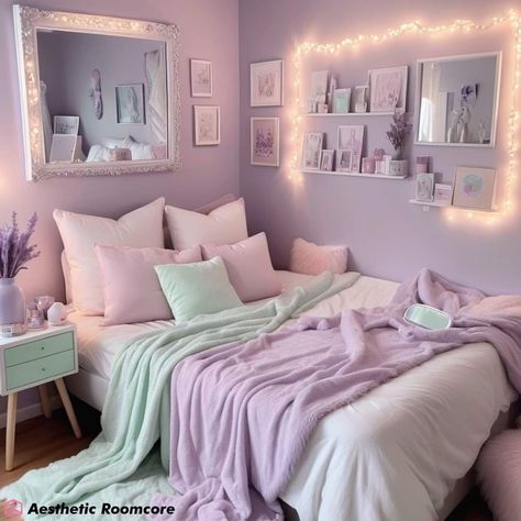 Pastel Purple Aesthetic Room Decor 💜🤍💜🤍💜 #pastelpurple #pastelpurpleaesthetic #pastelpurpledecor #pastelpurpleroom #aestheticroom #roomdecor #tumblrroom #coolroom #coolrooms #cuteroom #pastelroom #bedroomdecor #bedroomstyling #bedroomstyle Pastel Interior Aesthetic, Pastel Purple Dorm Room, Pre Teen Girls Room Purple, Purple And Pink Room Aesthetic, Lavender Aesthetic Room Ideas, Light Purple Aesthetic Bedroom, Purple Room Makeover, Purple Bed Aesthetic, Vintage Pastel Bedroom