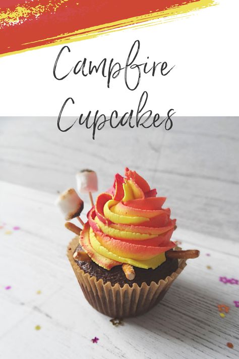 Fire Pit Cupcakes, Camp Cupcakes Ideas, Healthy Woodland Party Food, Camp Themed Treats, Campfire Cupcakes Camping Birthday, Campfire Themed Desserts, Camping Cupcake Toppers, Outdoor Cupcakes Ideas, Outdoor Theme Cupcakes