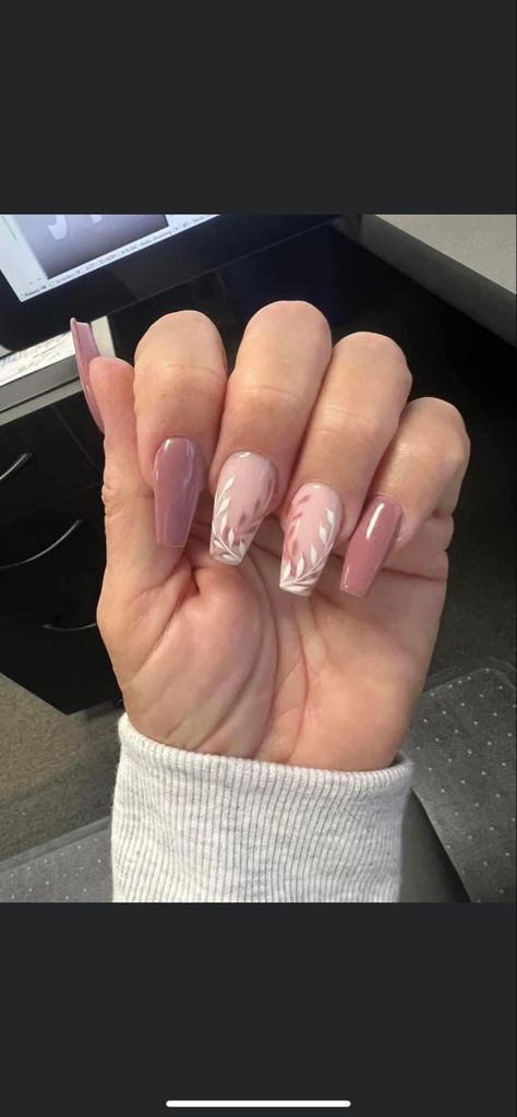 Beige White Nails, Medium Coffin Shape Nails, Nails Leaves, Medium Coffin, Shape Nails, Nude Nail Designs, Coffin Shape, Coffin Shape Nails, Nude Nails