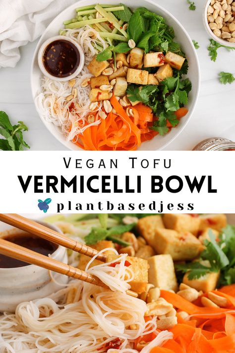 Vegan Vermicelli, Tofu Vermicelli, Rice Noodle Bowls, Vermicelli Bowl, Vietnamese Noodle Salad, Vermicelli Rice, Peanut Tofu, Quick Pickled Vegetables, Grain Bowl Recipe