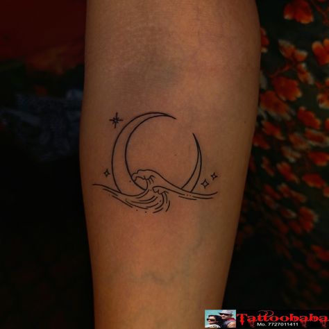 Moon Stars Water Tattoo, Moon With Waves Tattoo, Waves Tattoo Meaning, Water And Moon Tattoo, Moon Beach Tattoo, Moon Waves Tattoo, Ocean And Moon Tattoo, Wave And Moon Tattoo, Moon And Water Tattoos