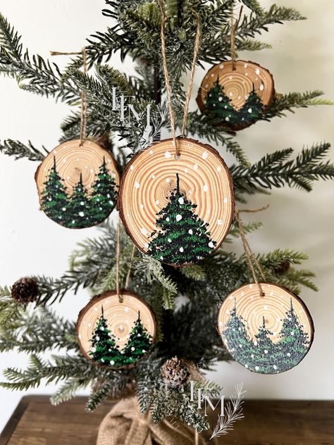 Original Pine Tree Ornament Set Tree Ornaments Wood Ornaments Christmas Ornaments Ornament Sets Ornament Gifts Top 10 Ornaments - Etsy Canada Wood Ornaments Christmas, Ornaments Wood, Stones Art, Flowers Painted, Little Christmas Trees, Craft Paint, Christmas Wood Crafts, Wood Christmas Ornaments, Painted Ornaments