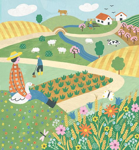 Cute Farm Illustration, Farm Illustration Design, Rural Illustration, Hills Illustration, June Illustration, Farm Mural, Farm Drawing, Road Illustration, Village Illustration