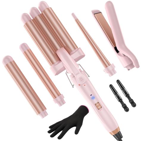 PRICES MAY VARY. Ideal Curling Iron Set: The 5 in 1 curling iron includes a 1" straightener, a triple barrel hair waver, a tapered curling wand, and 2 curling irons (1", 1.25"). Whether you're straightening or curling, this all-in-one set has you covered 30 S Fast Heat: Choose between 2 temperature settings (302 ℉ and 410 ℉) to suit your hair type or styling needs. The hair curling iron is equipped with PTC heating technology and a ceramic coating, ensuring quick and even heating for efficient h Haur Tools, Best Curling Iron For Fine Hair, Waver Iron Hairstyles, Crimper Iron, Babyliss Curling Iron, Tapered Curling Wand, Hair Curler And Straightener, Best Curling Wands, Best Curling Iron