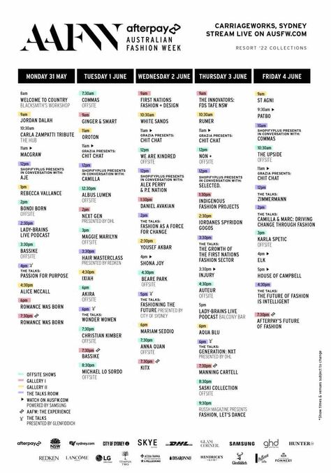 Fashion Week Schedule, Week Calendar, Australian Fashion Week, Week Schedule, Carla Zampatti, Rebecca Vallance, Schedule Design, New York Style, Fashion And Design