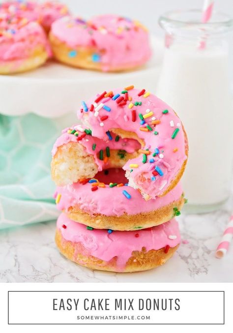 These fun and easy to make cake mix donuts are baked, not fried. You can make these delicious donuts at home in less than 30 minutes! #cakemixdonuts #bakedcakemixdonuts #cakemixdonutrecipe #cakemixrecipes #easycakemixdonuts Cake Mix Donuts Recipe, Cake Mix Peach Cobbler, Easy To Make Cake, Donuts At Home, Cake Mix Donuts, Lemon Cake Mix Cookies, Cake Mix Cookie Bars, Donut Calories, Cake Donuts Recipe