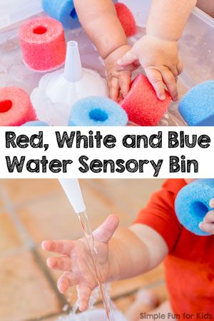 Sensory Activities for Kids: Simple Red, White and Blue Water Sensory Bin for all ages, even babies! Memorial Day Sensory Bin, Red White And Blue Art For Toddlers, Red White And Blue Sensory Bin, Red White And Blue Activities For Kids, Red White And Blue Preschool Activities, Water Sensory Bin, July Activities For Kids, Infant Room Daycare, Sensory Activities For Kids