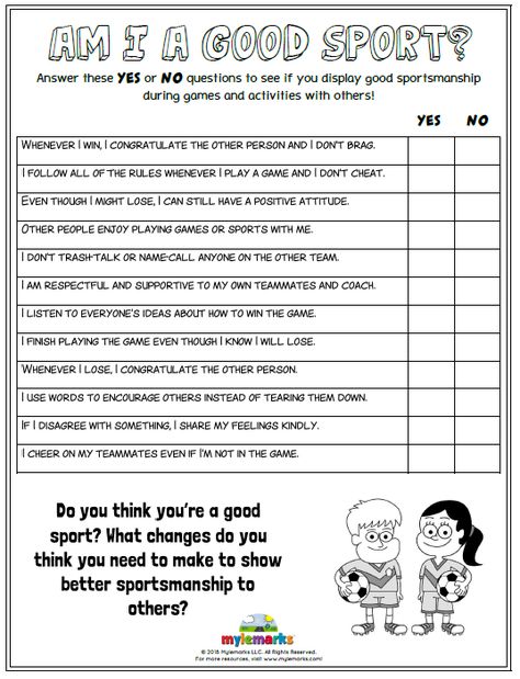 Use this worksheet to help kids figure out whether they display good sportsmanship or not! Find this and more helpful Sportsmanship worksheets at www.mylemarks.com.  #sports #sportsmanship #copingskills #angermanagement #healthyrelationships #friendships #mylemarks Sportsmanship Activities, Sport For Kids, Therapeutic Worksheets, Sports Activities For Kids, Elementary Physical Education, Physical Education Lessons, Social Skills For Kids, Social Skills Groups, Kids Worksheets