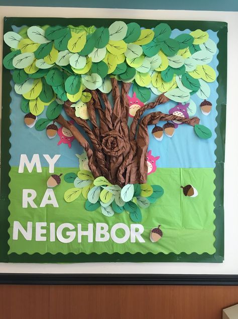 Ra Bulletin Boards Studio Ghibli, Anime Bulletin Board Ideas, Studio Ghibli Bulletin Board, Studio Ghibli Classroom Decor, Door Decs Ra Spring, Studio Ghibli Door Decs, Anime Bulletin Board, Studio Ghibli Classroom, Ghibli Classroom