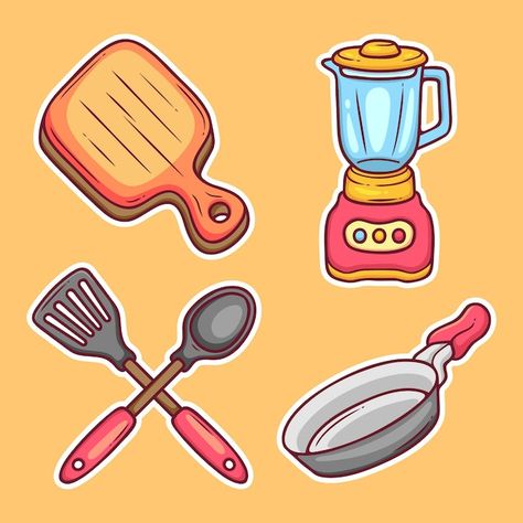 Kitchen Tools Illustration, Kitchen Tools Drawing, Vector Kitchen, Kitchen Tools And Equipment, Kitchen Elements, Kitchen Drawing, Fridge Stickers, Wallpaper Doodle, Easy Coloring Pages