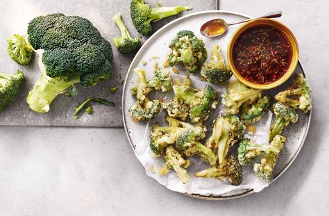 Tempura Broccoli Recipe | Tempura Batter | Tesco Real Food Tempura Broccoli, Springtime Desserts, Tempura Recipe, Vegetarian Starters, Springtime Recipes, Desserts Summer, Tempura Batter, Summertime Recipes, Magazine Recipes