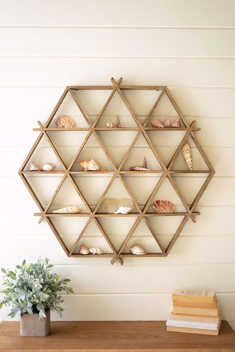 Unique Wall Shelves Living Room, Hexagon Wall Shelf, Oil Display, Wood Hexagon, Honeycomb Shelves, Hexagon Shelves, Triangle Wall, Wooden Wall Shelves, Cross Wall