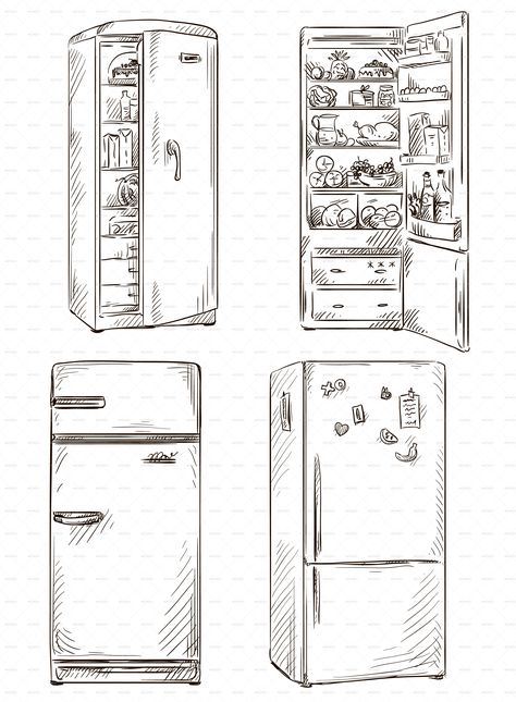 Fridge Reference Drawing, Open Fridge Drawing, Fridge Reference, Fridge Tattoo, Fridge Sketch, Kitchen Illustration Drawings, Cupboard Drawing, Refrigerator Drawing, Fridge Drawing