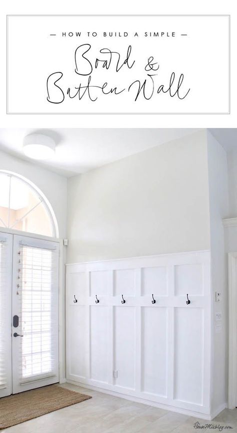 How to build a simple board and batten wall in entryway - moulding panels wainscotting board and batten moulding wall entryway mudroom diy tutorial Entryway Moulding, Simple Board And Batten Wall, Simple Board And Batten, Board And Batten Entryway, Batten Entryway, Moulding Wall, Wall Entryway, Batten Wall, Board And Batten Wall