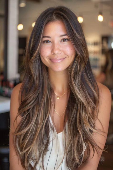 Say goodbye to the hassle and cost of frequent salon visits for high-maintenance hair coloring! Embrace the simple yet stylish option of low maintenance brunette balayage hairstyles. This trend offers a flawless blend of colors, providing a chic look that won't break the bank. Perfect for those wanting to minimize upkeep without sacrificing style. Low Maintenance Light Brown Balayage, Balayage For Mousy Brown Hair, Melt Brunette Balayage, Low Dimensional Brunette, Low Maintenance Caramel Highlights, Straight Balayage Brunette, Fall Hair Color For Brunettes Low Maintenance, Brown Lowlights With Money Piece, Highlights With Brunette Hair