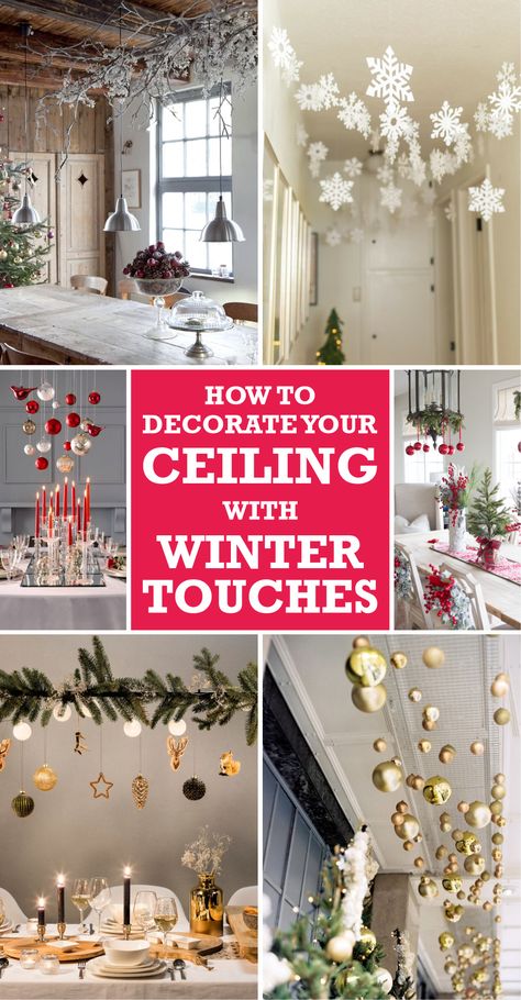 Basically, there are possible things that you can apply in decorating the ceiling. The first one is by hanging some ornaments there. Then, you can also install the chandelier or any other kind of lighting with the winter design of touch. If you want a more permanent one, you can paint the ceiling or simply apply the wallpaper in a winter theme. You may check the following references so that you can get inspiration. #ceilingdecoration #winterceilingdecoration #ceiling Ceiling Snowflake Decorations, Hanging Items From Ceiling, Decorating Ceiling Fans For Christmas, Hanging Light Christmas Decor, Hang Lights From Ceiling, Decorating Beams For Christmas, How To Hang From Ceiling, Christmas Decor For High Ceilings, Garland On Ceiling Beams