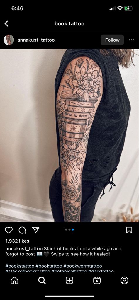 Reading Tattoo Sleeve, Books Sleeve Tattoo, Book Themed Sleeve Tattoo, Half Sleeve Book Tattoos For Women, Floral Book Tattoo Sleeve, Book Arm Sleeve Tattoo, Book Sleeve Tattoos For Women, Nerdy Tattoo Sleeve, Bookish Tattoo Sleeve