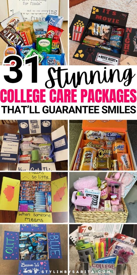 31 THOUGHTFUL AND CUTE COLLEGE CARE PACKAGES - Stylin by Sarita College Send Off Gifts, Back To College Gift Basket, College Student Gift Basket, College Freshman Gift Ideas, College Care Package Ideas For Freshman, College Care Package Ideas For Guys, College Gift Basket Ideas, Cute Care Package Ideas, Cute Care Package