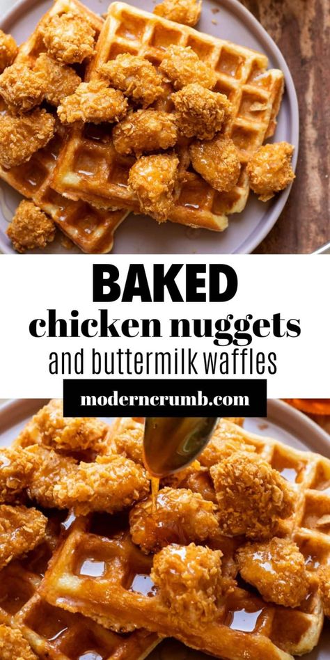 Who says you can't have breakfast for dinner? Chicken and waffles combines a favorite breakfast item with dinner! Crispy baked chicken nuggets paired with fluffy buttermilk waffles and topped with a quick and easy homemade sriracha honey sauce! This is such a family favorite in our house, everyone always love it when it's chicken and waffles night. This recipe makes it so everyone can enjoy amazing baked chicken and waffles. Healthy Chicken And Waffles, Baked Chicken And Waffles Recipe, Baked Chicken And Waffles, Chicken And Waffles Recipe Easy, Homemade Chicken And Waffles, Waffle Brunch, Baked Crispy Chicken, Crispy Chicken Nuggets, Homemade Sriracha