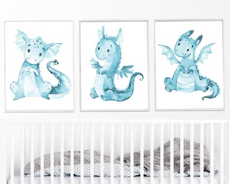 Baby Boy Nursery Wall Decor, Canvas Stickers, Boy Nursery Wall Decor, Baby Blue Nursery, Canvas Watercolor, Dragon Nursery, Nursery Wall Decor Boy, Blue Nursery Decor, Nursery Stickers