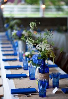 Blue and burlap them www.mccormick-weddings.com Blue And Green Table Decor, Royal Blue Table Runner, Royal Blue And Brown Wedding, Blue And Green Centerpiece, Rustic Royal Blue Wedding, Royal Blue Wedding Theme Centerpieces, Electric Blue Wedding, Mediterranean Tablescape, Royal Blue Wedding Ideas