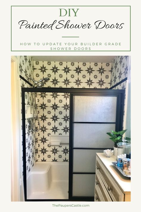 Learn how I updated my 30 year old shower doors with paint and wood trim to look brand new again. Diy Shower Door, Shower Makeover, Shower Inserts, Painting Shower, Fiberglass Shower, Farmhouse Tile, Shower Tile Ideas, Diy Shower, Shower Surround