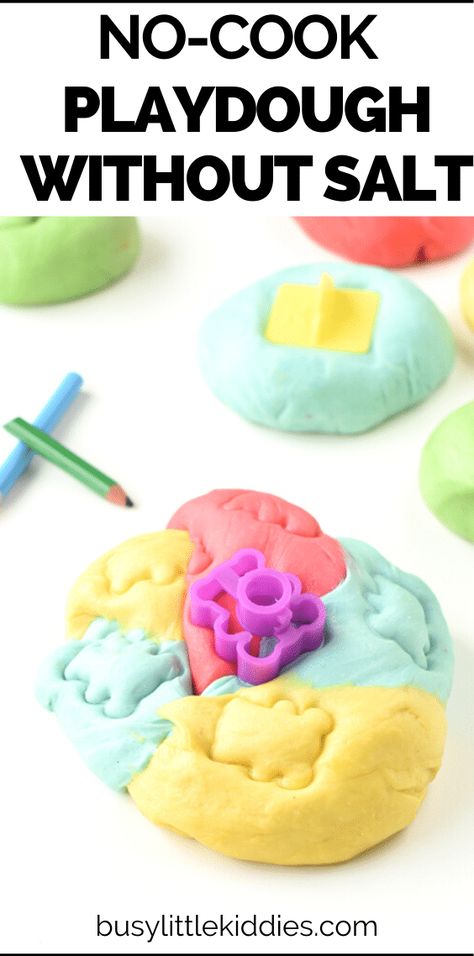 Fun Playdough Recipes, No Salt Playdough, Two Ingredient Playdough, Salt Dough Playdough, No Salt Play Dough Recipe, Homemade Playdough To Sell, Salt Free Playdough Recipe, Homade Play Dough, Easy No Bake Playdough Recipe