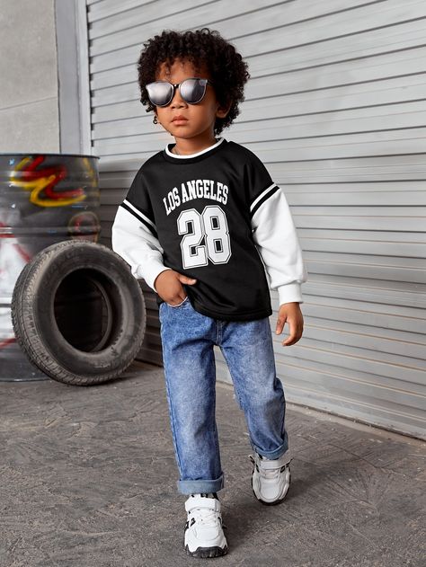 Black and White Casual Collar Long Sleeve Fabric Colorblock,Letter Pullovers Embellished Slight Stretch  Toddler Boys Clothing Back To School Outfits Boys, Outfits For Toddler Boys, Boys Outfit Ideas, Toddler Boy Fashion Swag, Casual Wear For Boys, Boys School Outfits, Shein Kids, Toddler Wearing