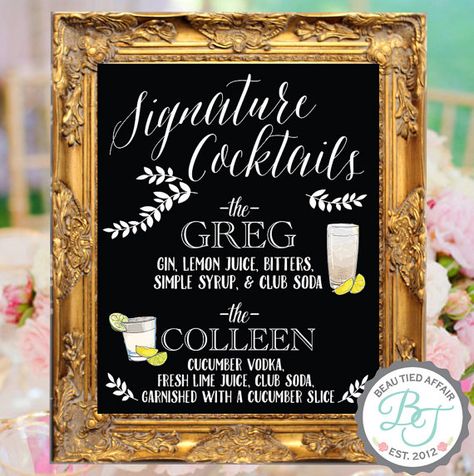 Wedding Table Bride And Groom, Bakery Signs, Chalkboard Bar, Menu Signs, Signature Cocktail Menu, Personalized Wedding Menu, Cocktails Wedding, Signature Cocktails Wedding, Bar Menu Wedding