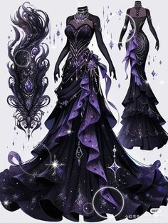 Genshin Impact Inspired Dresses, Fantasy Dress Design Sketches, Prom Dress Drawing, Fishtail Dresses, Dreamy Gowns, Dress Design Drawing, Gaun Fashion, Old Fashion Dresses, Fantasy Dresses