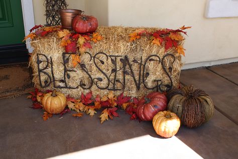 blessings sign hobby lobby | found the metal “BLESSINGS” sign at Hobby Lobby. Hair pins ... Hay Bales Decorations, Hay Bail, Autumn Window Display, Fall Creations, American Thanksgiving, Fall Harvest Decorations, Halloween Front Door Decorations, Kennel Ideas, Outside Fall Decor