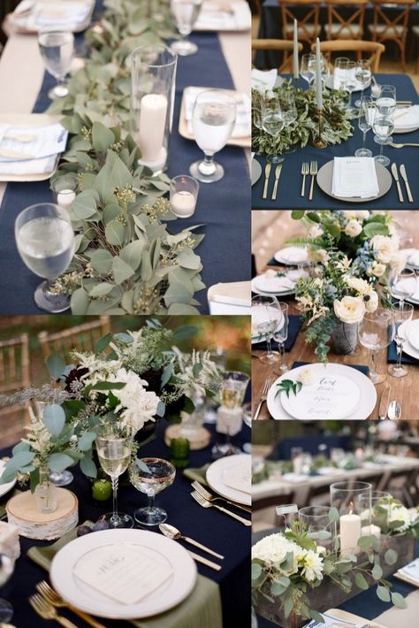 navy wedding color ideas - navy and greenery eucalyptus wedding centerpieces #wedding #weddings #weddingideas #greenweddings #rar #blueweddings Navy Blue White And Greenery Wedding, Navy And Green Centerpieces, Midnight Blue And Green Wedding, Green And Navy Table Setting, Navy And Sage Table Setting, Navy Cream Wedding, Navy And Eucalyptus Wedding Decor, Navy Blue And Green Wedding Decorations, Navy Eucalyptus Wedding