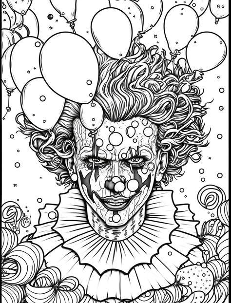 You can get this coloring page for free. All you have to do is click on the image and do not forget to follow us to receive all new updates #Coloringpage #adultcoloringpage #Kidscoloringpage Clown Coloring Pages, Circus Horror, Creepy Coloring Pages, Horror Coloring Pages, Scary Coloring Pages, Evil Clown Tattoos, Halloween Colouring, Clown Halloween, Cartoon Coloring