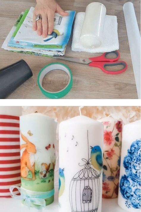 Tissue Paper Candles, Candle Transfer, Candle Makeover, Diy Candle Art, Decoupage Candles, Dollar Store Candles, Transfer Images, Paper Candle, Dollar Store Diy Projects