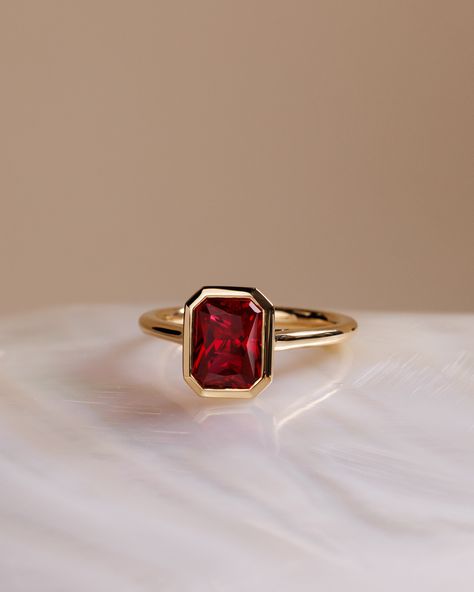 Add some colour to your ring stack❤️⁠ ⁠ The most stunning red sapphire (aka ruby) set into a bezel = obsessed. ⁠ ⁠ ⁠ Ring Details:⁠ Rachel – Bezel Set Radiant Solitaire⁠ 8.5x6.5mm ~ 2.20ct⁠ ⁠ Bezel Set Ring Stack, Ruby Bezel Ring, Ruby Ring Stack, Bezel Set Sapphire Ring, Colourful Engagement Rings, Sapphire Bezel Ring, Red Sapphire Ring, Rings 2023, Ruby Solitaire Ring