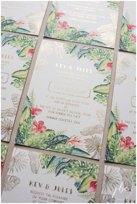 Gold foil pressed wedding invitations with tropical print design and art deco style fonts. Perfect for a wedding at the Ivy or even in Hawaii!    #weddinginvitation #destinationwedding #tropicalwedding #goldfoilinvites #weddinginvites #bespokeweddinginvites #bespokeweddingstationery #hawaiiwedding #beachwedding Wedding Invitations Tropical Theme, Hawaii Wedding Invitations, Pressed Wedding Invitations, Art Deco Wedding Invitations, Gold Foil Invitation, Gold Foil Wedding Invitations, Bespoke Wedding Stationery, Foil Pressed Wedding Invitations, Tropical Wedding Invitations