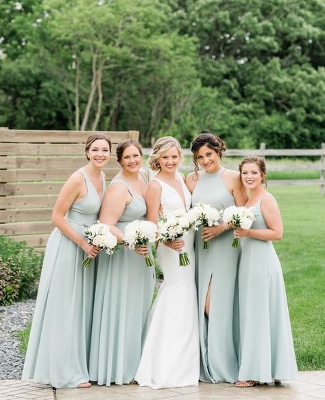 Azazie on Instagram: "This glowing bride is holding on tight to her squad in Agave! 💚 ⁠ ⁠ Double-tap and then tell us if you're using Agave for your squad! 👇⁠ ⁠ 📸: @ajphotoco⁠ 👰‍♀️: @hayrolfson #azazie #bridesmaiddresses⁠ ⁠ Tap link in bio to shop Agave styles!" Agave Bridesmaid Dresses Azazie, Azazie Sage Bridesmaid Dresses, Agave Green Bridesmaid Dresses, Agave Green Wedding, Azazie Agave Bridesmaid Dresses, Agave Wedding, Agave Bridesmaid Dresses, Agave Azazie, Light Green Bridesmaid Dresses