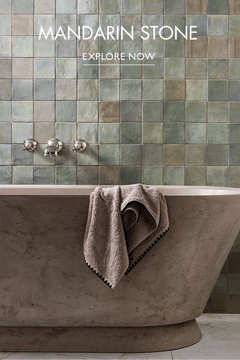 Add interest to every inch of your space with our Zellige effect tiles. In soft sage green, our Zellige Gloss Ceramic has plenty of surface texture and a melange of shades that makes each tile unique. Use on walls across the home. Explore online. Tile Pictured: Zellige 2022 Sage Gloss Ceramic Zellige Tile Bathroom, Concrete Bathtub, Concrete Bath, Green Tile Bathroom, Mandarin Stone, Zellige Tile, Porcelain Mosaic Tile, Freestanding Bathtub, Tiles Design