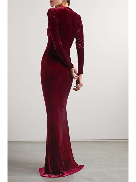 Red Velvet Dress Aesthetic, Holiday Glam Outfits, Baju Pengapit, Purple Velvet Dress, Velvet Dresses, Glam Outfit, Velvet Gown, Red Evening Dress, Asymmetric Neckline