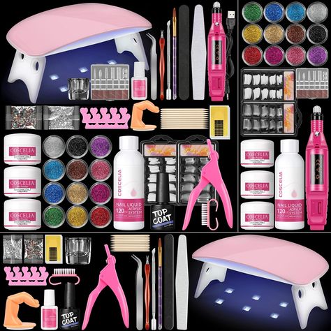 PRICES MAY VARY. Acrylic Nail Kit with Everything for Beginners: This acrylic nail kit for Beginner including 3 basic color acrylic powders and 12pc glitter powders, nail drill ,nail lamp, 200pc false nail tips, nail art Rhinestones, nail forms, nail glue, and other acrylic nail supplies. Professional acrylic nail kit with everything for your acrylic nail art design. Acrylic powders & 12Pcs Glitter Powders：3pcs basic acrylic powders for daily use, developed with a special blending formula, provi Acrylic Nail Kit For Beginners List, Nail Set Up, Nail Kits For Beginners, Acrylic Nail Kits, Nail Kit For Kids, Nails Kits, Professional Acrylic Nail Kit, Nail Design Kit, Acrylic Nail Supplies