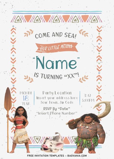 Get Free Moana Birthday Invitation Templates For Word #free #freeinvitation2019 #birthday #disney #invitations #invitationtemplates Moana Birthday Party Invitations Free, Moana Themed Invitations, Moana Party Invitations Template, Moana 1st Birthday Invitations, Moana Invitation Card, Moana Free Printables Party, Moana Birthday Invitation Template Free, Moana Invitation Template Free, Simple Moana Birthday Party