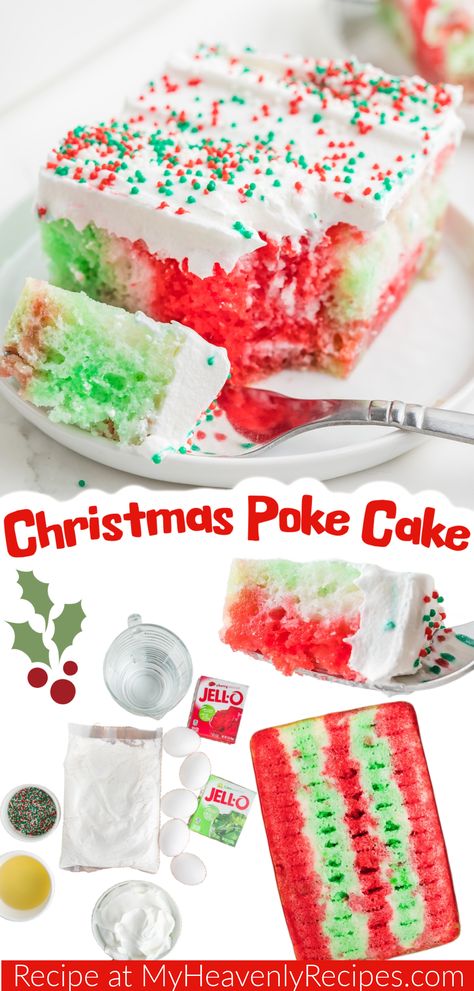 christmas poke cake Christmas Dessert Poke Cake, Christmas Rainbow Poke Cake, Red And Green Christmas Jello, Christmas Desserts Poke Cake, Holiday Jello Poke Cake, Christmas Jello Cake Recipe, Kid Christmas Desserts Easy, White Cake With Jello In It, Christmas Poke Cake Easy Recipes