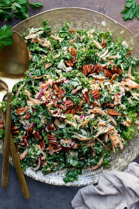 Winter kale slaw. A simple, speedy, and delicious, vegan winter-inspired salad. The ultimate side salad to serve alongside all winter long. Sweet Potato Stacks, Kale Slaw, Slaw Dressing, Spiced Pecans, Vegan Mayonnaise, Slaw Recipes, Shredded Carrot, Kale Salad, Vegan Condiments