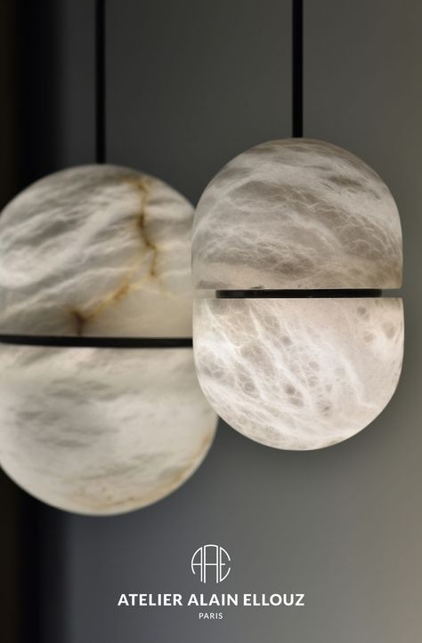 YUM expresses wholeness. This harmonious pendant light represents two symmetrical halves completing one another. A simple and unique shape that highlights the purity of alabaster stone. © Atelier Arnaud Sabatier Stone Light Fixture, Marble Pendant Light, Alabaster Pendant Light, Alabaster Lights, Alabaster Lighting, Stone Pendant Light, Alabaster Light, Industrial Bathroom Decor, Emirates Palace