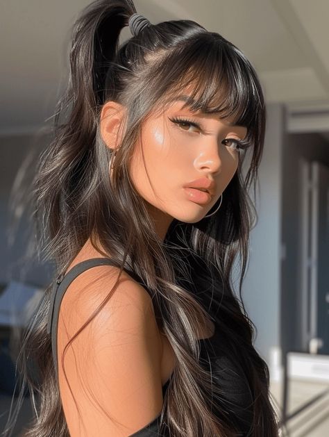 30 Charming Ponytails with Bangs: A 2024 Style Guide Straight Bangs Ponytail, Edgy Ponytail Hairstyles, Bangs In A Ponytail, Long Ponytail With Bangs, Black Hair Types Chart, Sleek Ponytail With Bangs, Edgy Hairstyles Long Hair, Ponytail And Bangs, Long Straight Bangs