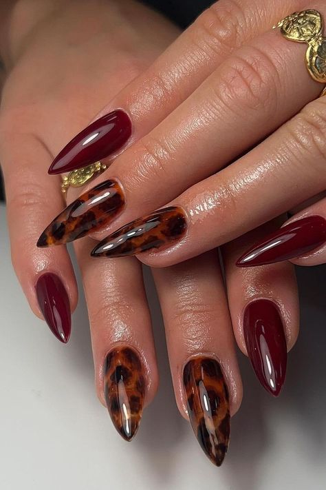 51 Cute Tortoise Shell Nails for Year Round Tortie Nail Inspo Maroon Nail Inspiration, French Fancy Nails, Red And Turtle Shell Nails, French Tip And Full Nail, Red Nails With Tortoise Shell, Matte Tortoise Nails, Tortoiseshell Nail Art, Tortoise Shell And Burgundy Nails, Tortoise And Burgundy Nails